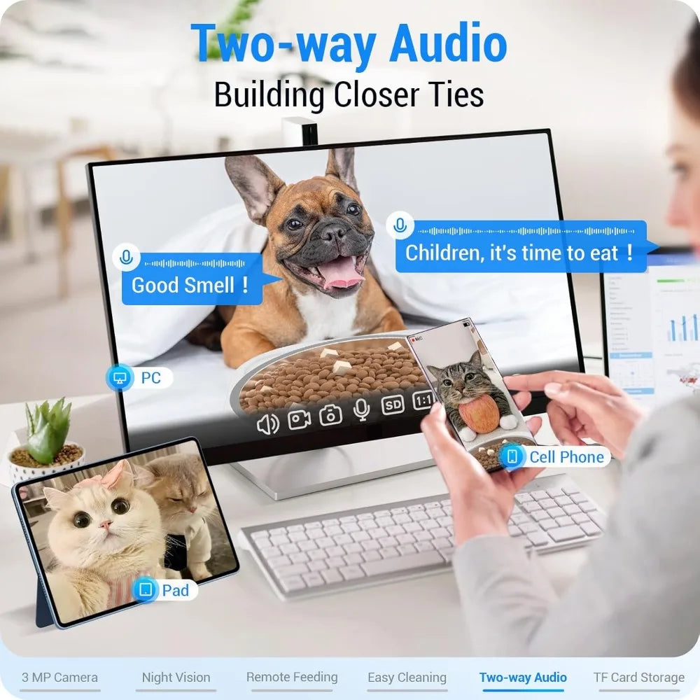 Two-way audio setup with a dog, cat, and person on screens, with text 'Two-way Audio Building Closer Ties'.