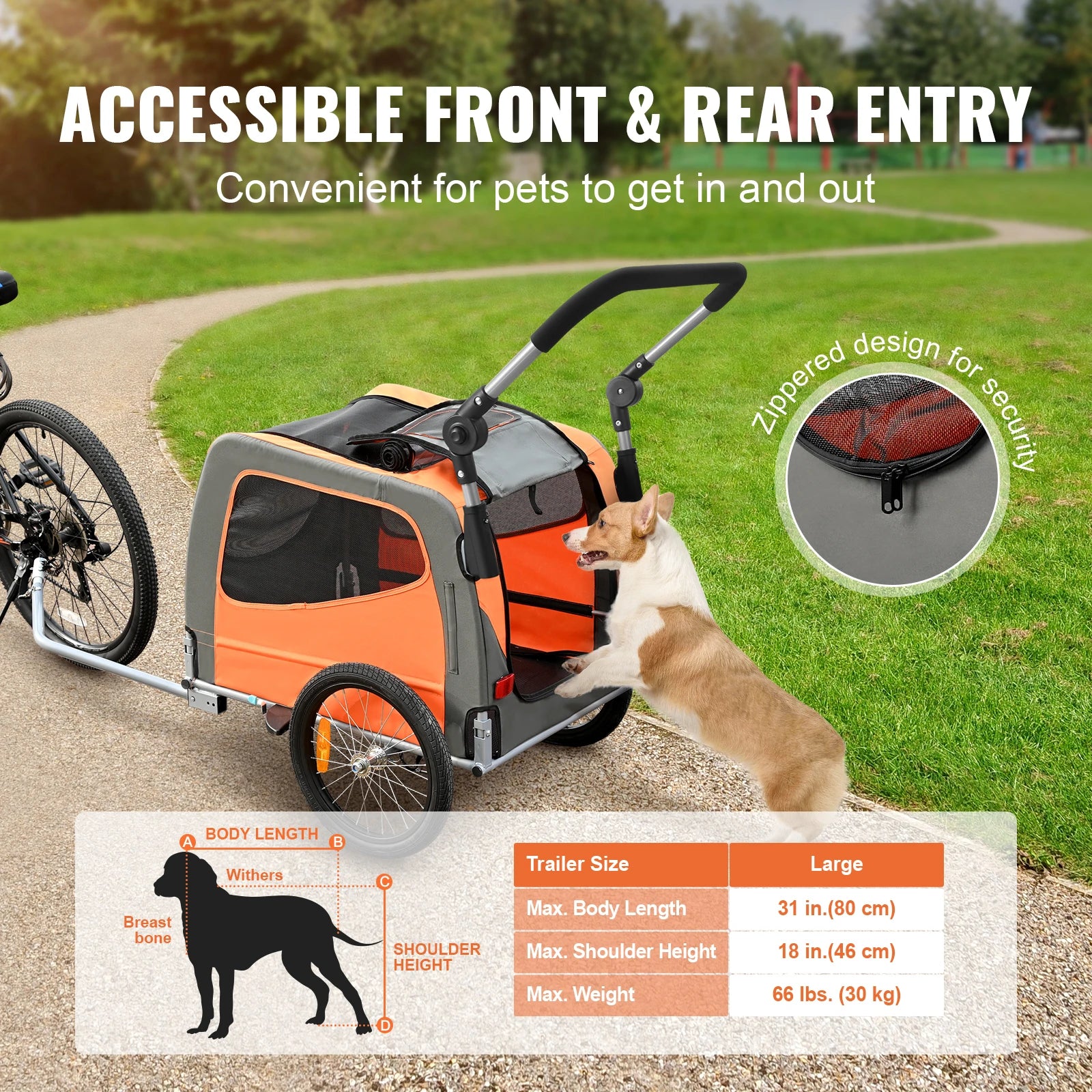 Dog trailer with a dog getting in, suitable for accessible front and rear entry, on a grassy area.