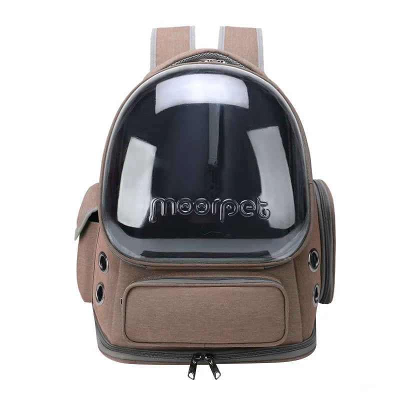 Brown pet backpack with a transparent helmet on a white background