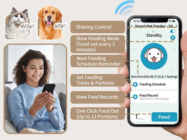 Smart pet feeder app on a smartphone with features listed and a woman using the app.