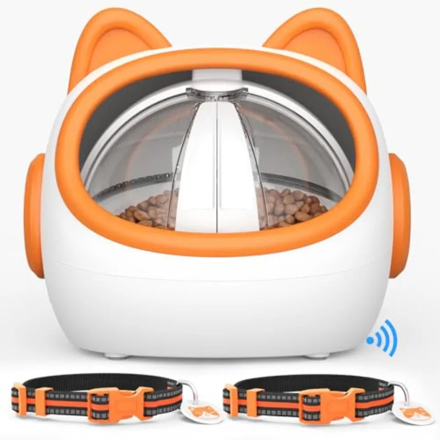 Pet bowl with cat ears and a collar on a white background