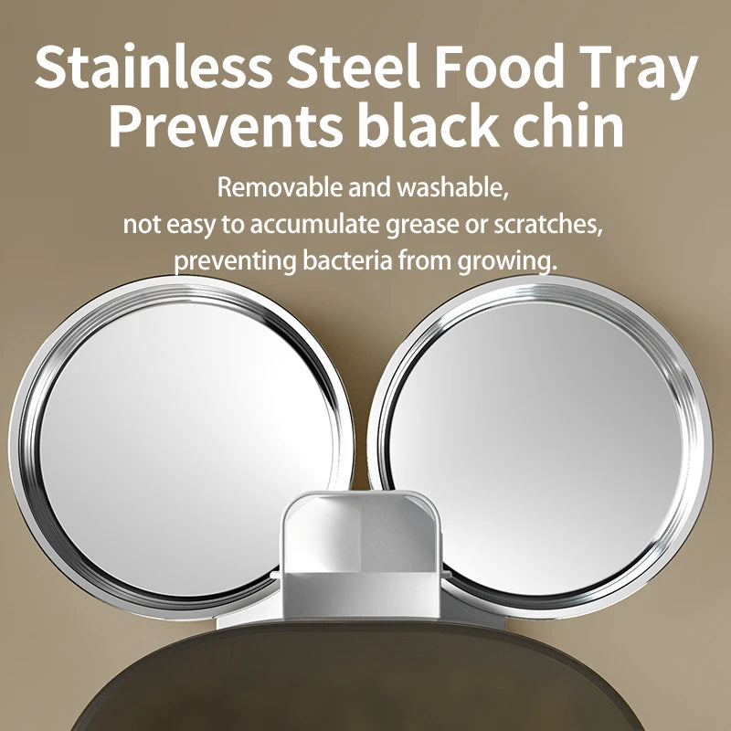 Stainless steel food tray with text on a beige background