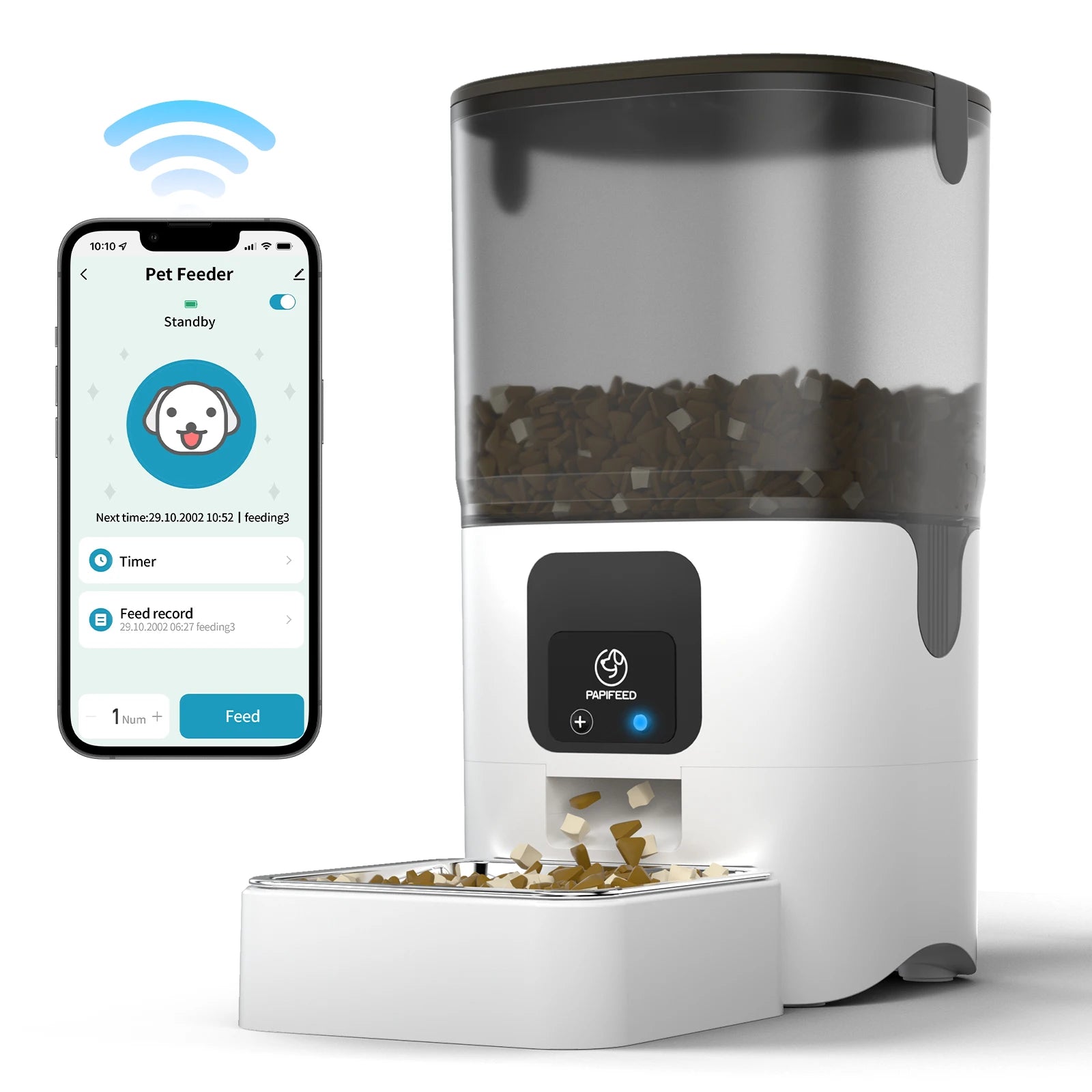 Smart pet feeder with smartphone app interface on a white background
