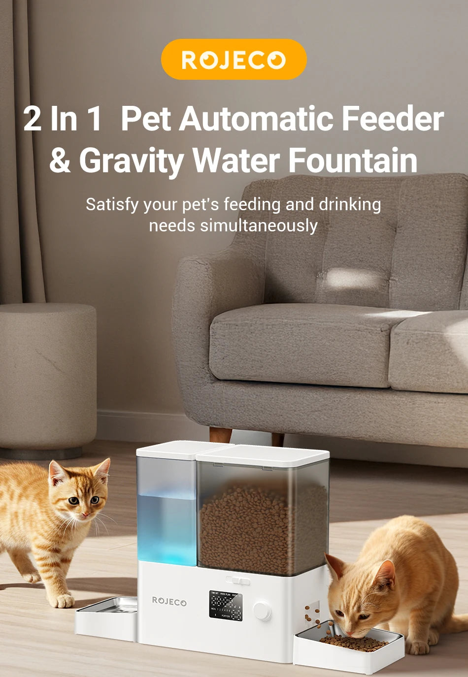 ROJECO 2-in-1 pet automatic feeder and gravity water fountain in a living room setting with two cats.