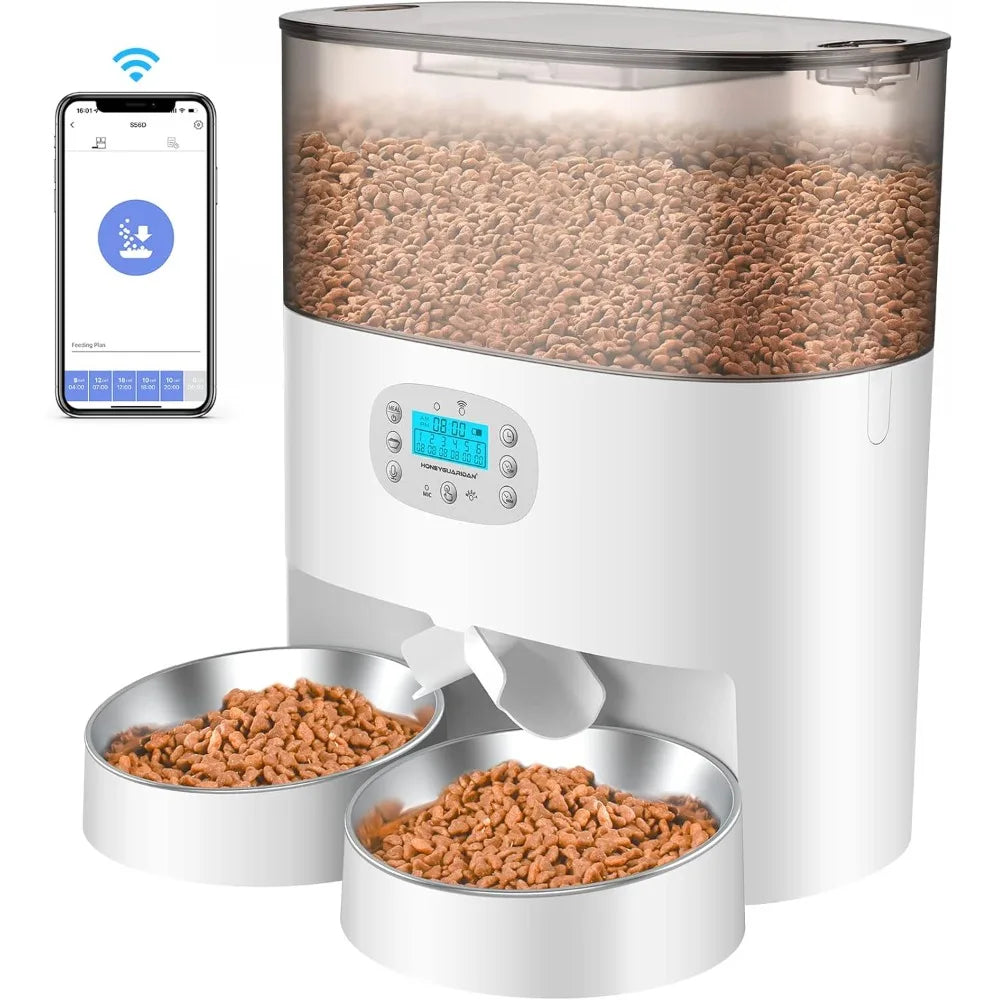 Smart pet feeder with app control on a white background