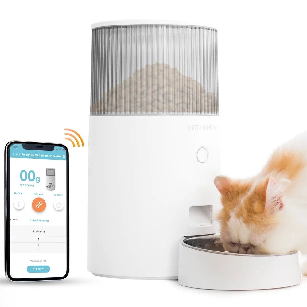 Smart pet feeder with a cat eating and a smartphone displaying an app interface.