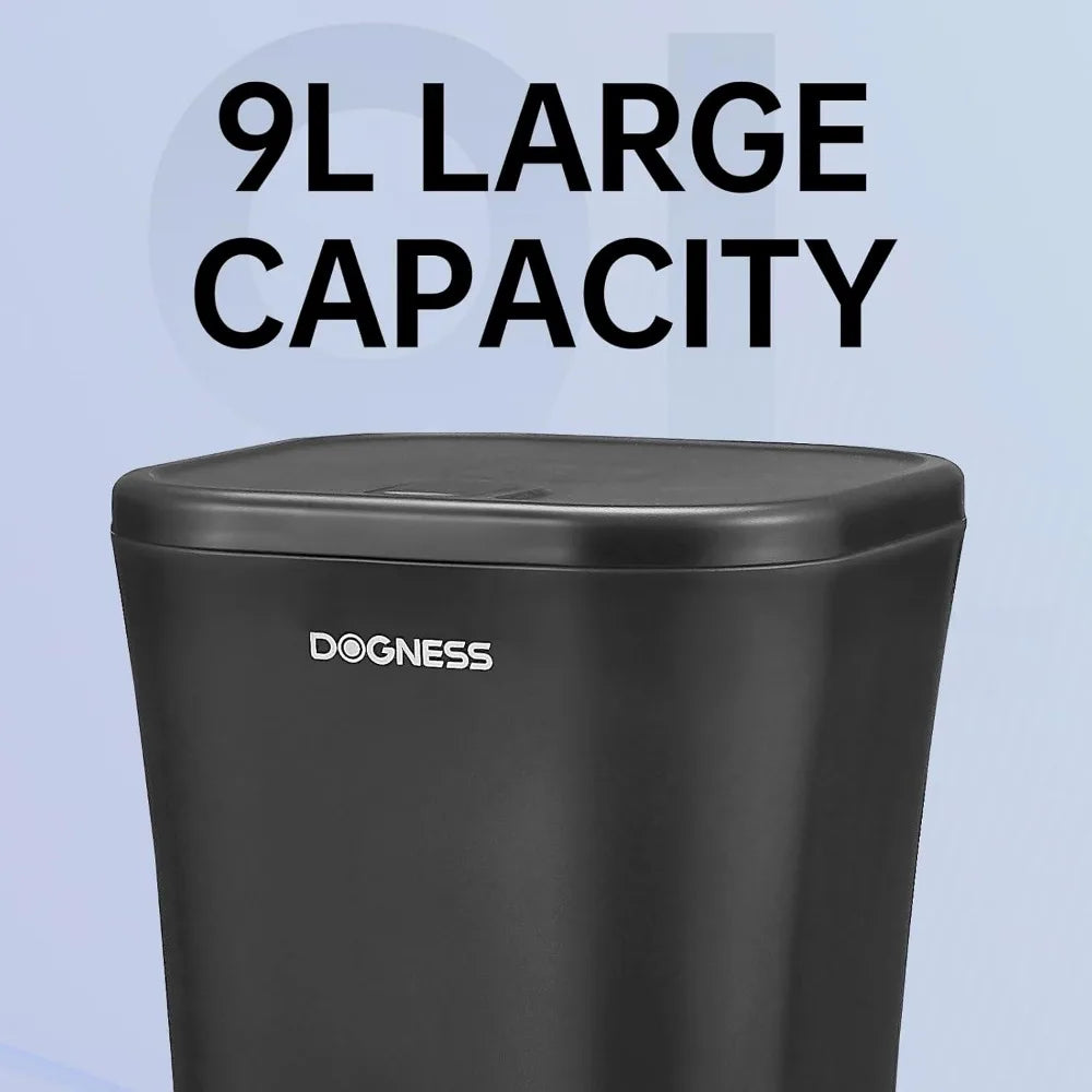 Black trash bin with '9L Large Capacity' text and 'DOGNESS' branding on a light blue background