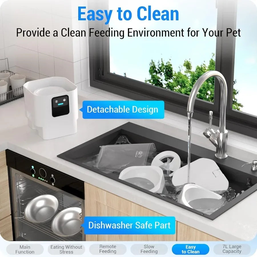 Pet feeding station with dishwasher safe part feature on a kitchen counter.