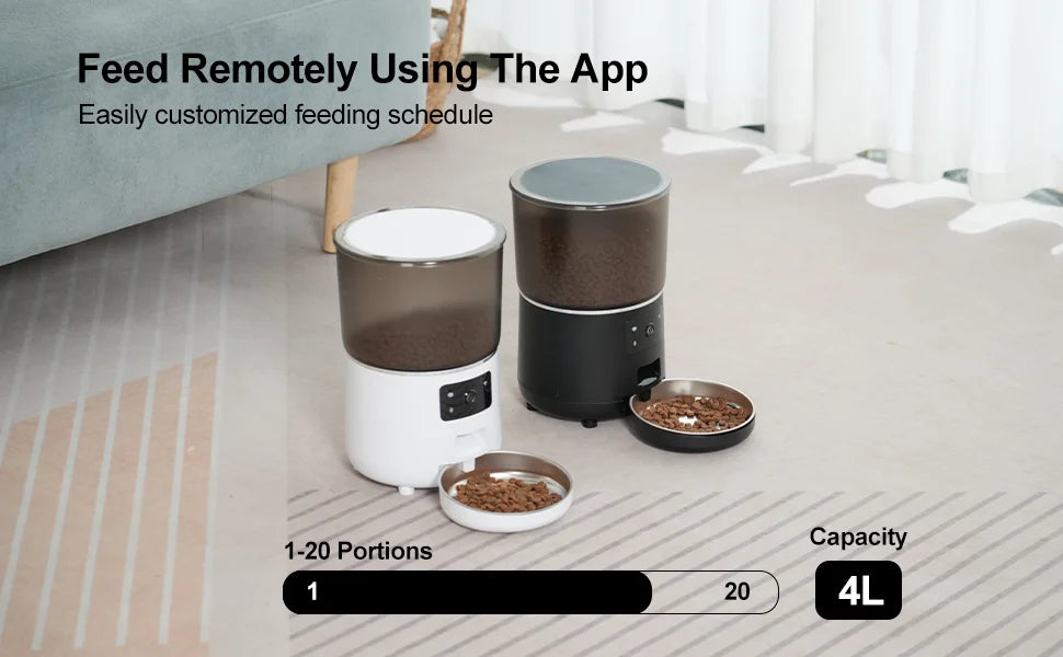 Two pet feeders on a table with text indicating remote feeding using an app.