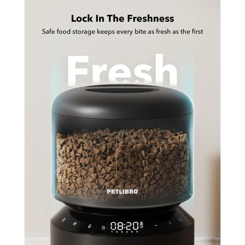 Pet food storage container with digital display and text 'Lock In The Freshness' on a light background