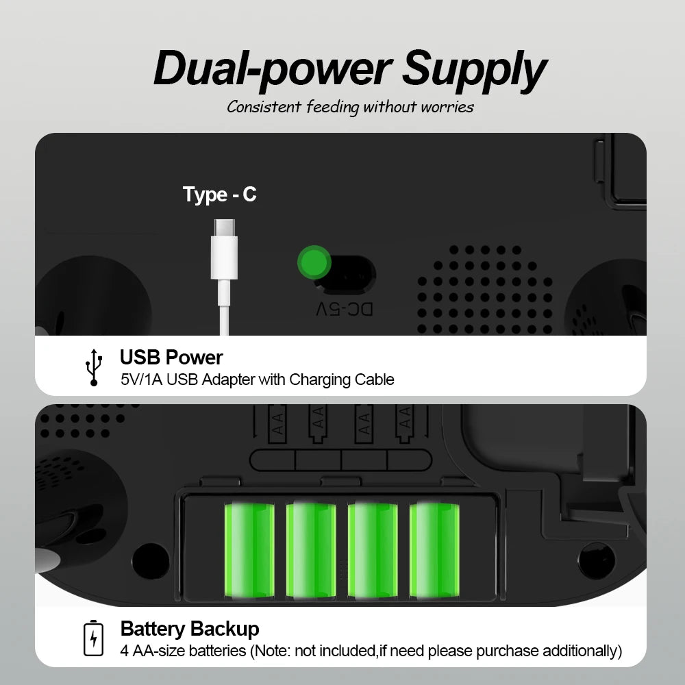 Dual-power supply device with USB and battery backup on a gray background