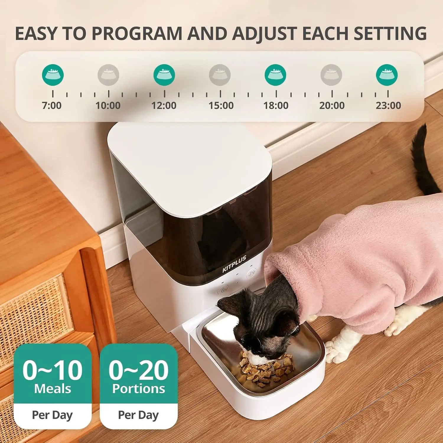 Pet feeder with digital display showing feeding schedule and portion control on a wooden floor.