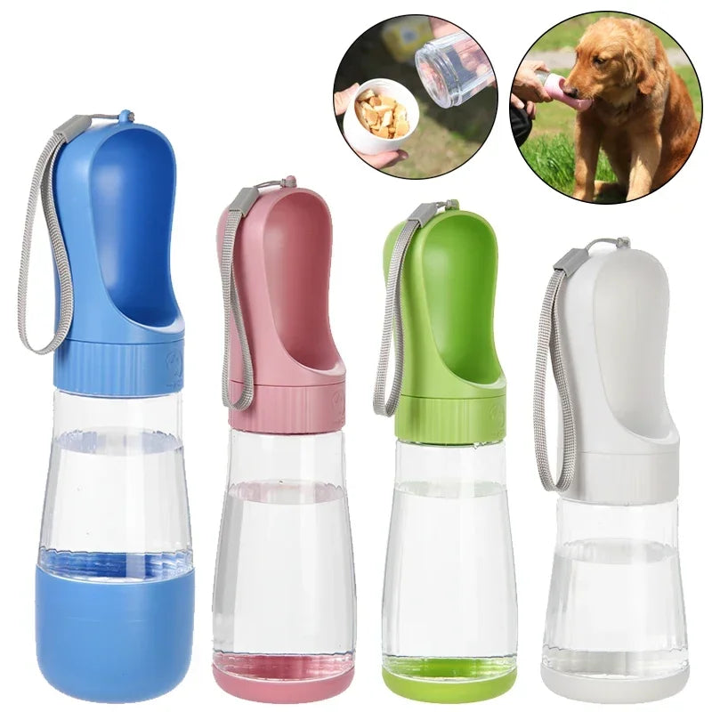 Four colorful pet water bottles with carrying straps on a white background.