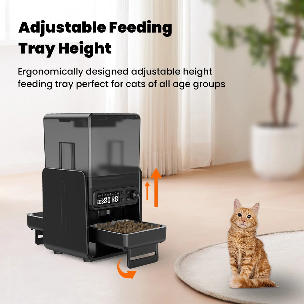 Ergonomically designed adjustable height feeding tray for cats with a cat sitting nearby.