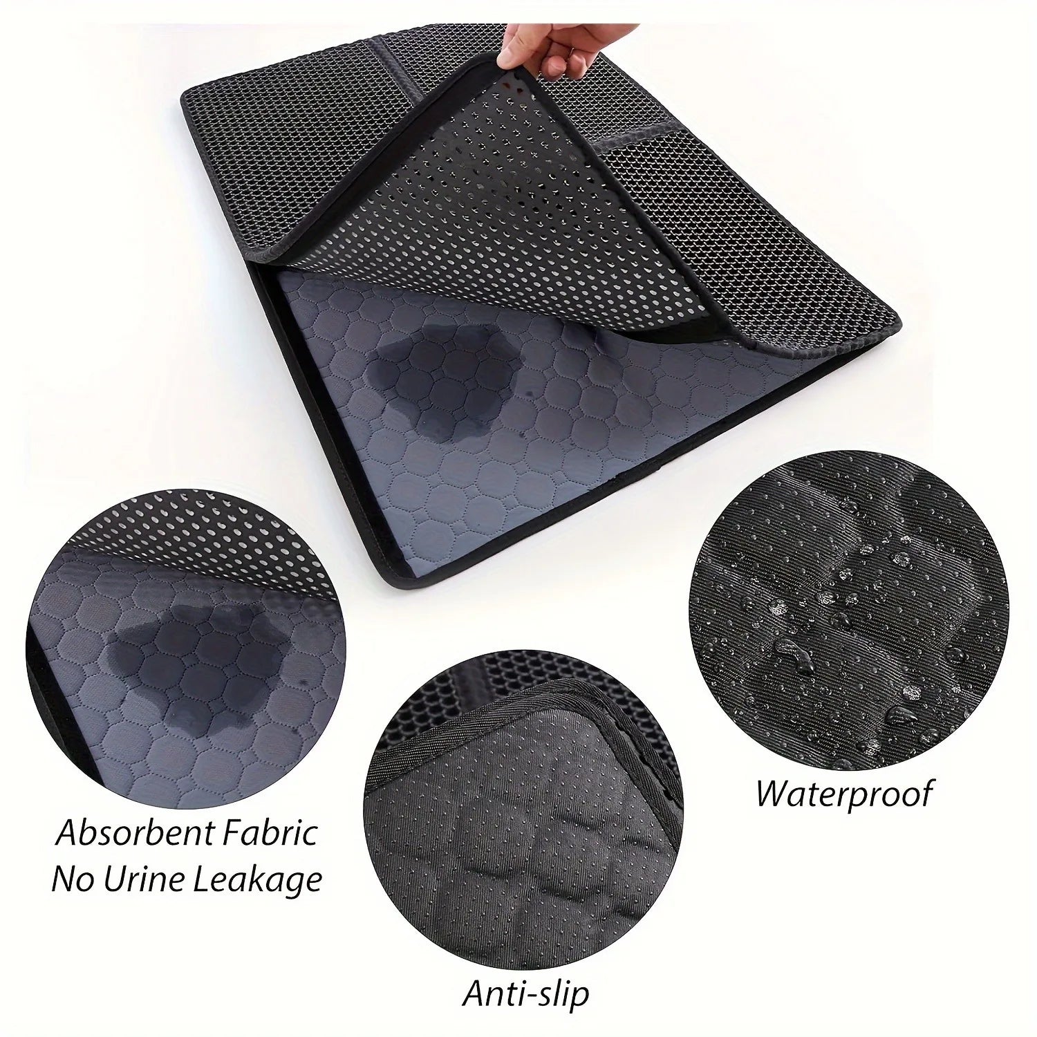 Black pet mat with text highlighting absorbent fabric, waterproof, and anti-slip features.