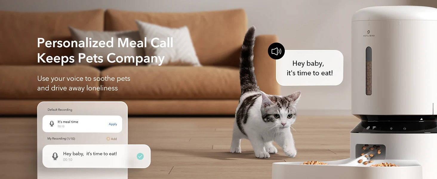 Cat approaching a pet feeder with a digital display and text overlay in a home setting.