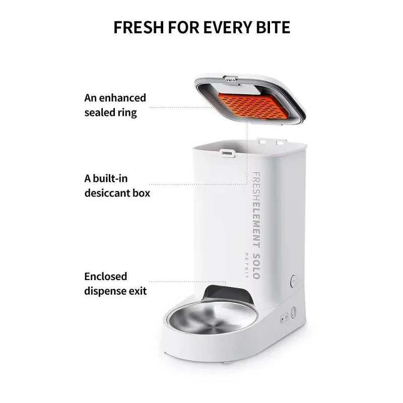 White pet food storage container with features highlighted on a white background