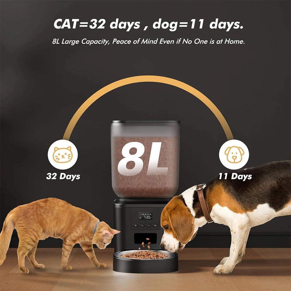 Pet feeder with a cat and dog using it, showing capacity for 32 days for cats and 11 days for dogs.