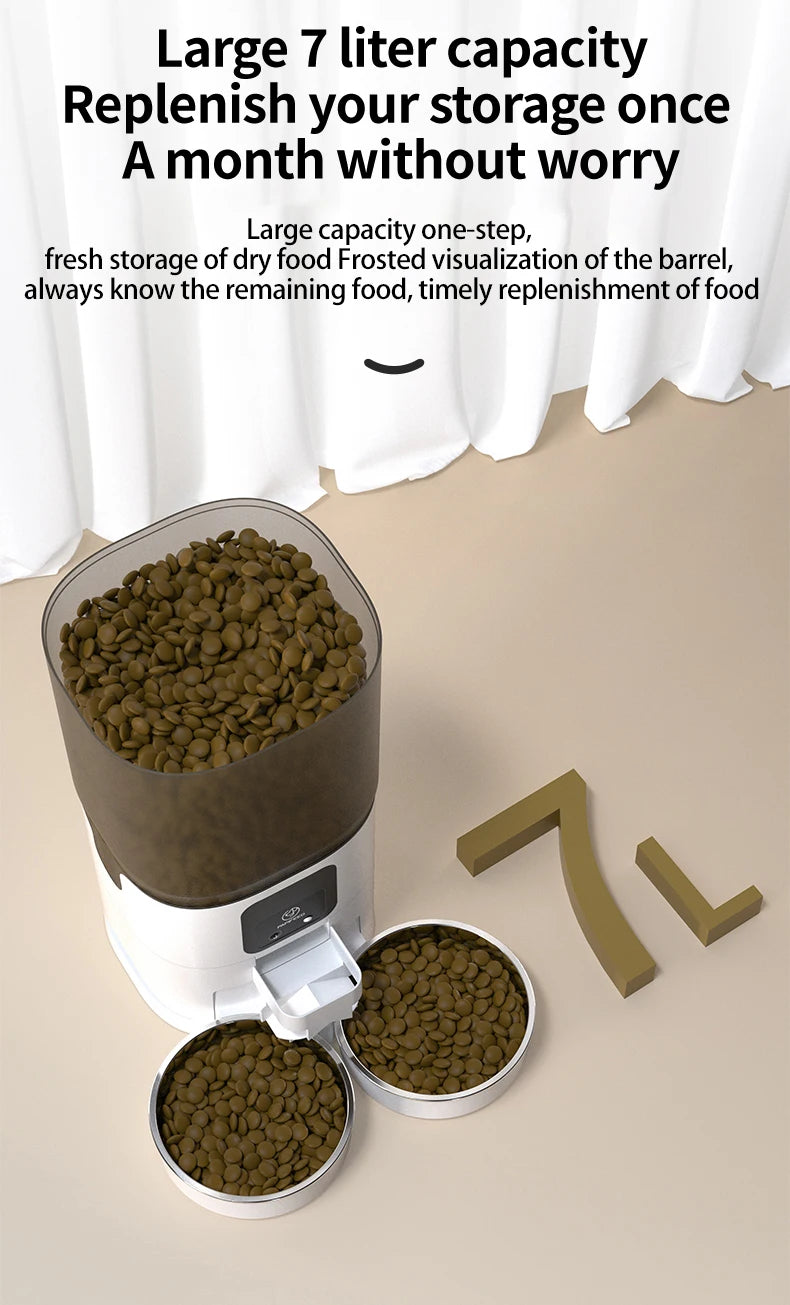 Pet food dispenser with 7-liter capacity on a beige floor with white curtains in the background.