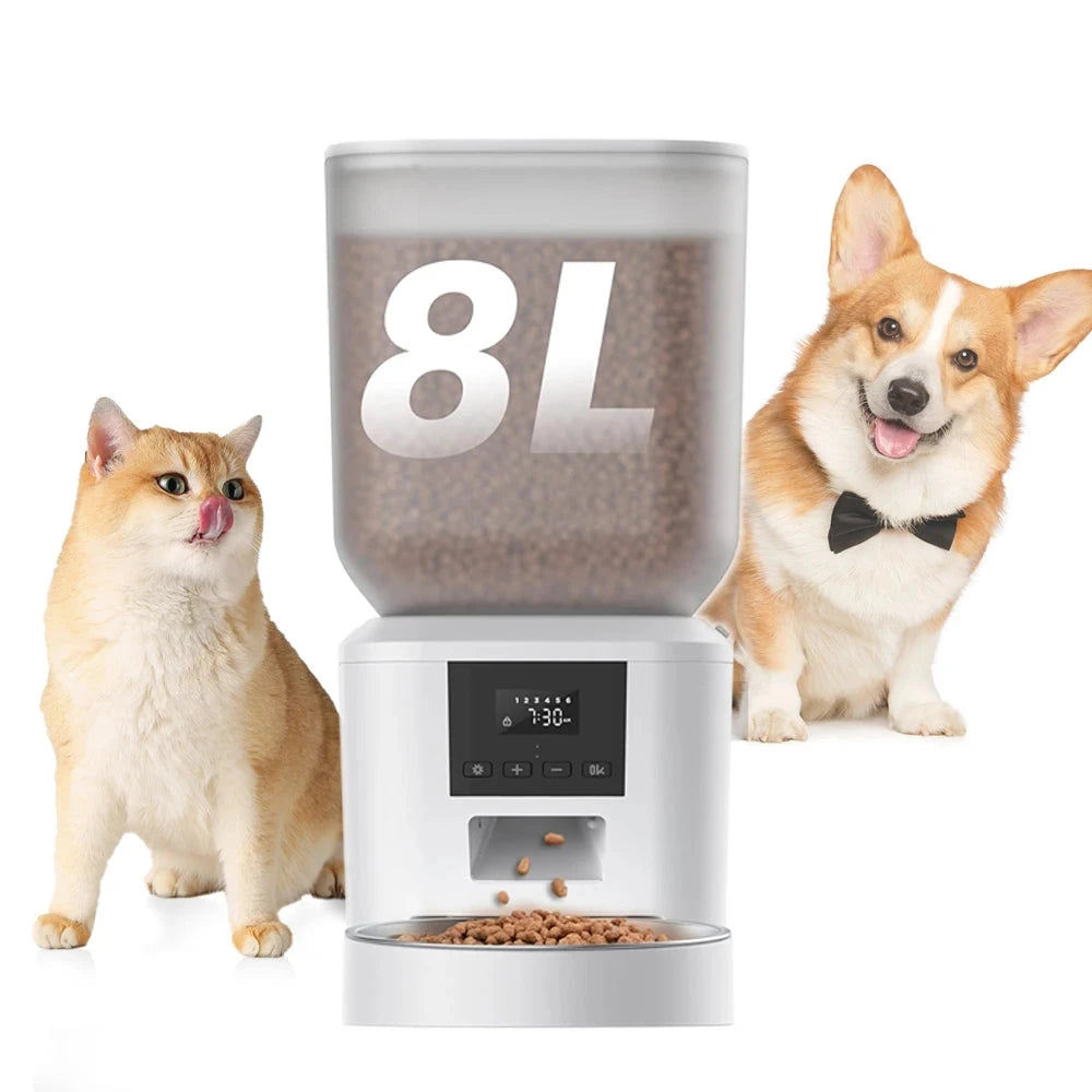 Pet food dispenser with a cat and dog on either side, displaying the brand 'FURPIPI'.