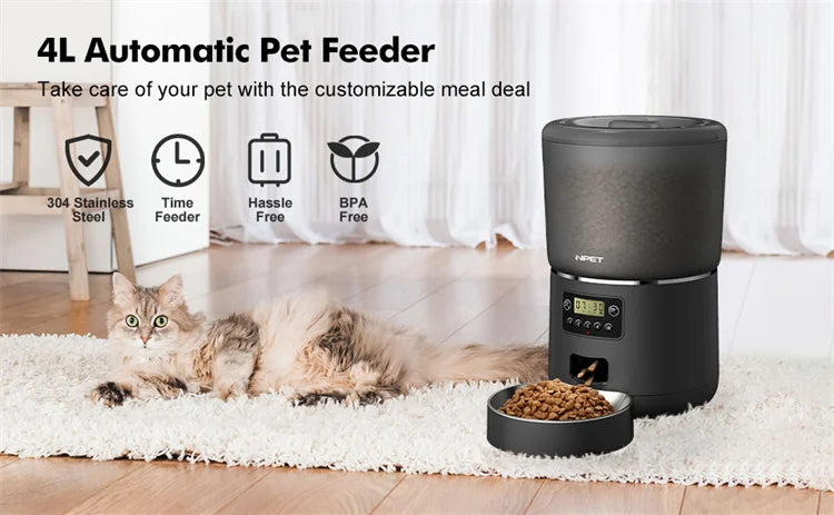 4L Automatic Pet Feeder with a cat on a rug in a home setting