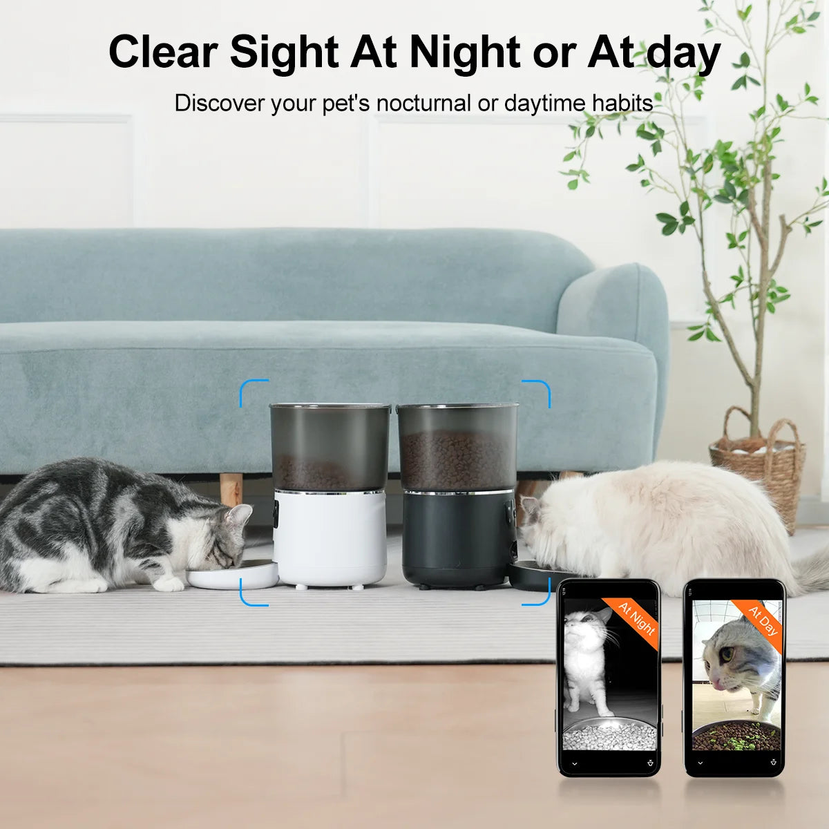 Two pet monitoring devices on a floor with two cats and smartphone screens showing pet activity.