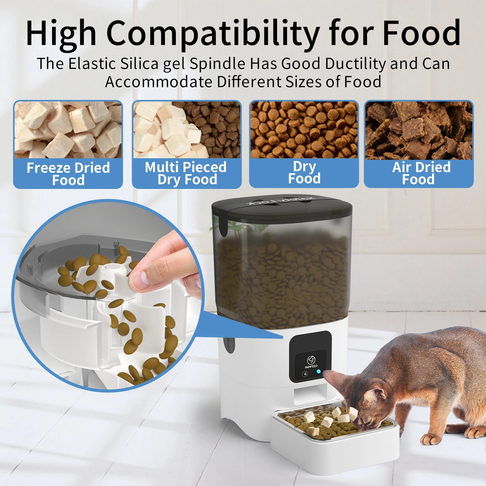 Pet food dispenser with images of various food types and a cat eating from it.