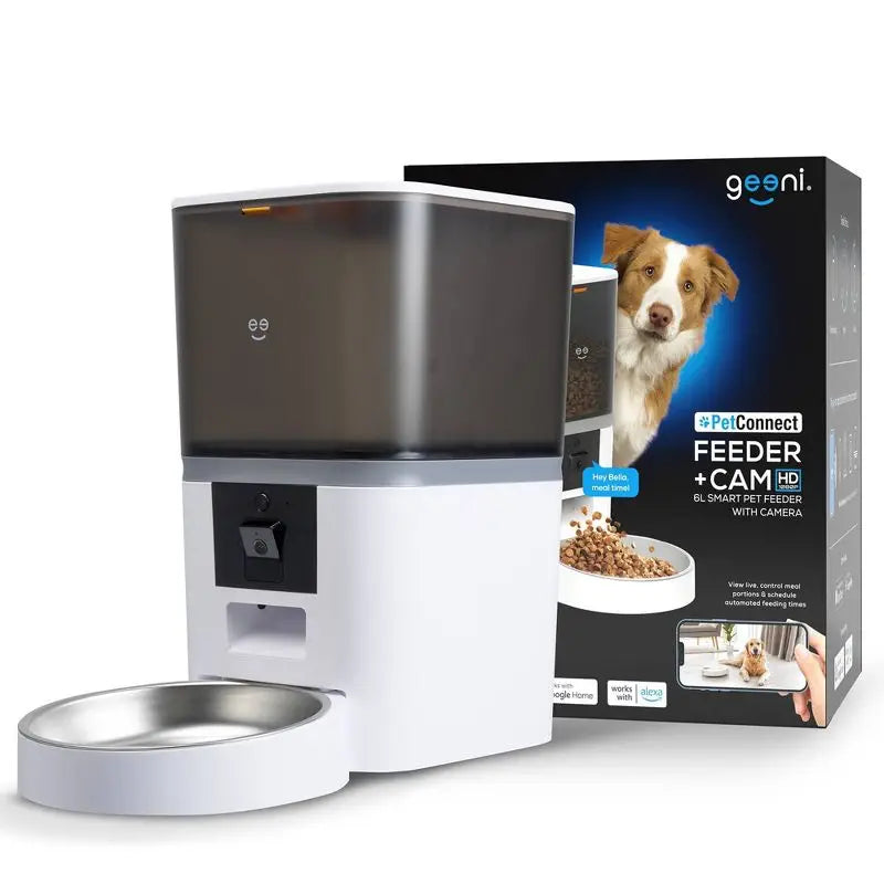 Smart pet feeder with a separate container and its packaging on a white background