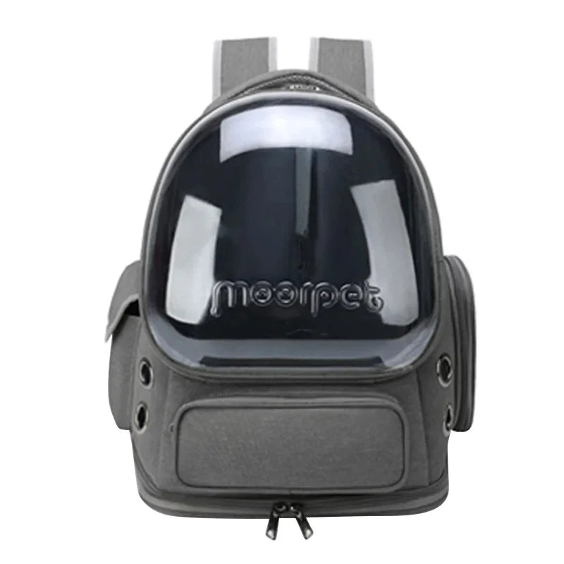 Pet backpack with a transparent front panel on a white background