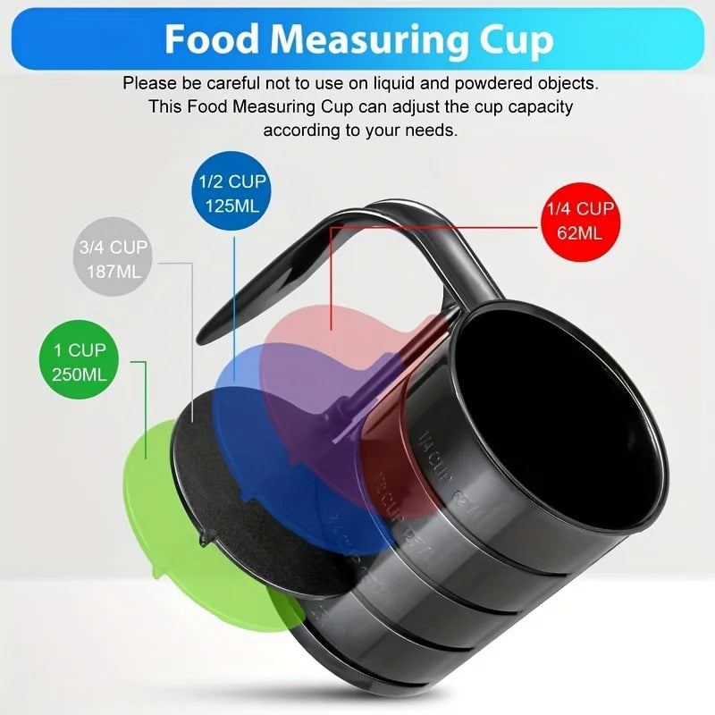 Food measuring cup with capacity markings on a white background