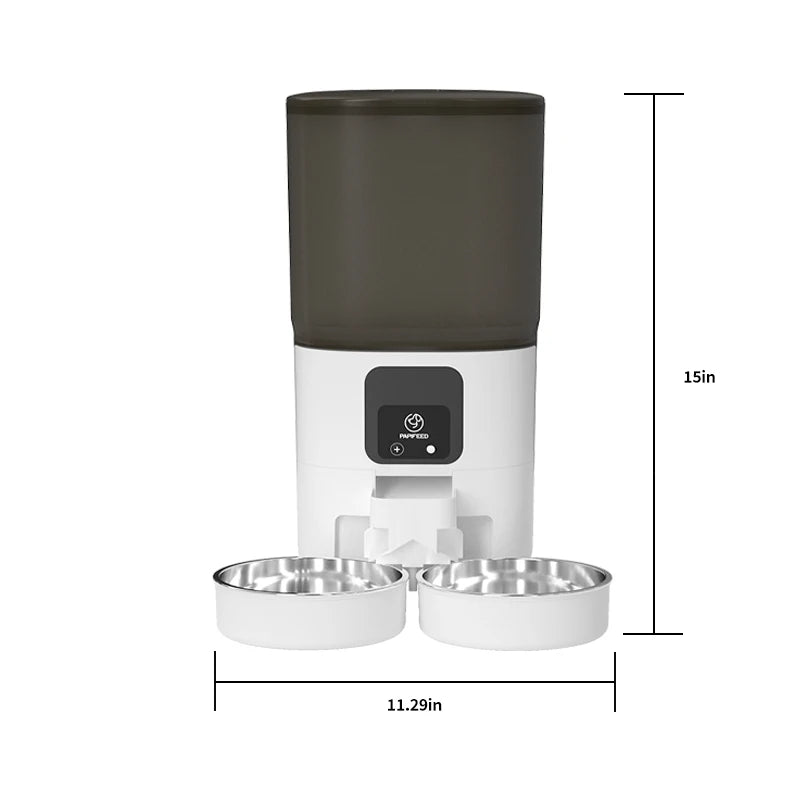 Pet feeder with two bowls and dimensions displayed on a white background