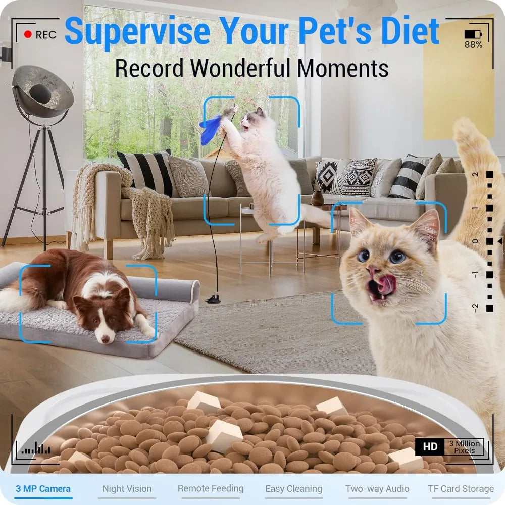 Pet camera with interface showing a cat and dog in a living room, with text about pet supervision and recording moments.