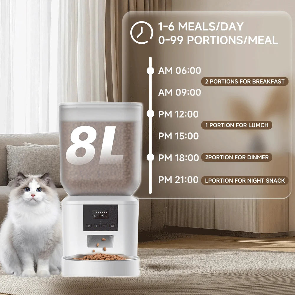 Pet food dispenser with a cat sitting next to it, showing feeding schedule.