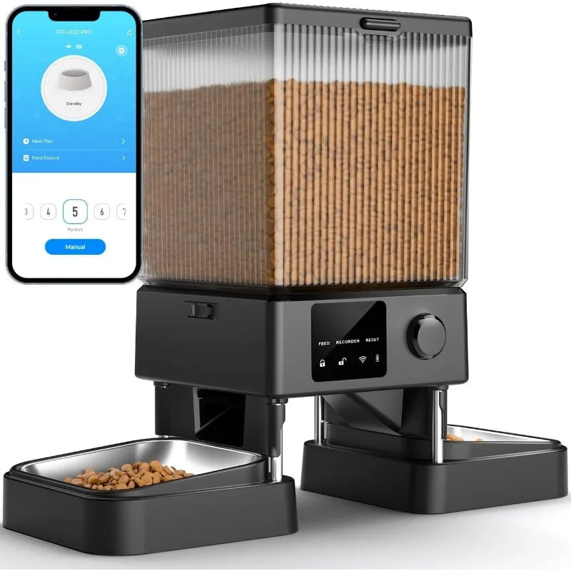 Black pet feeder with app interface on smartphone displaying feeding schedule.