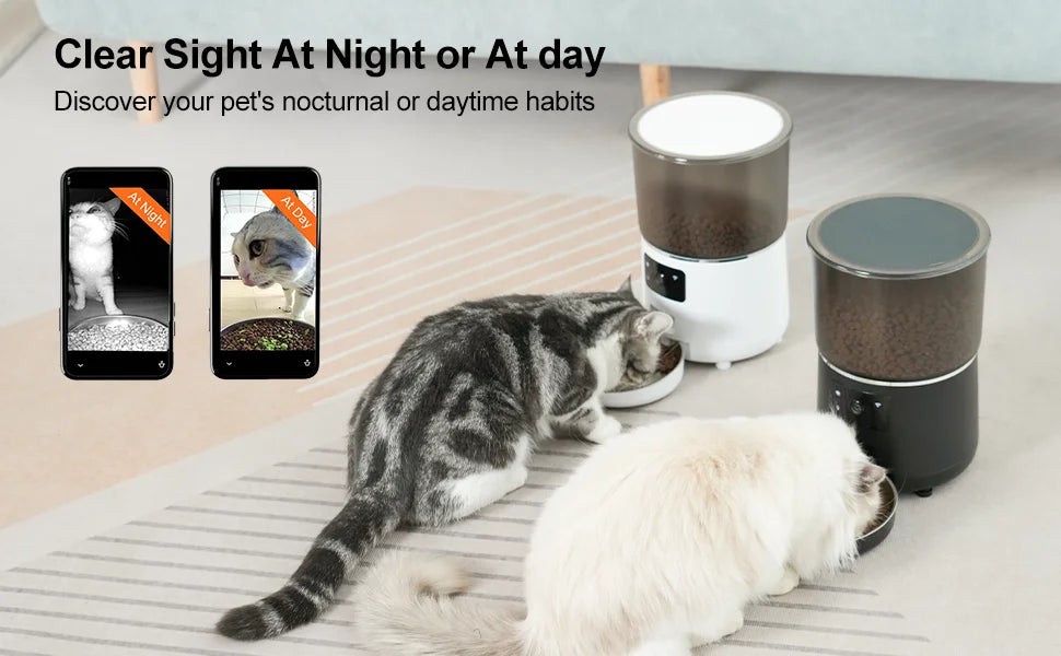 Two cats interacting with a pet monitoring device on a bed, with smartphone screens showing pet activity.