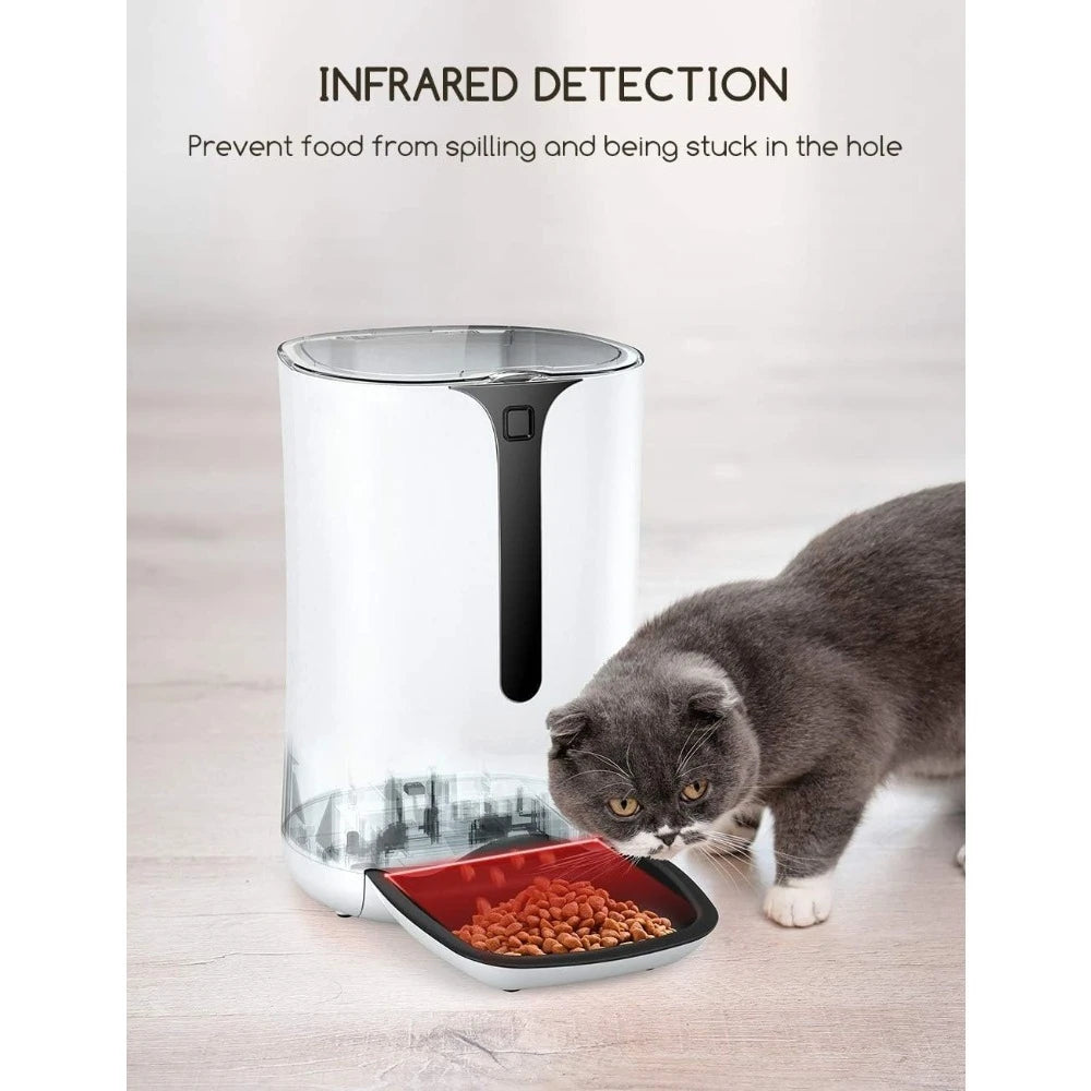 Pet feeder with infrared detection feature and a cat eating from it.