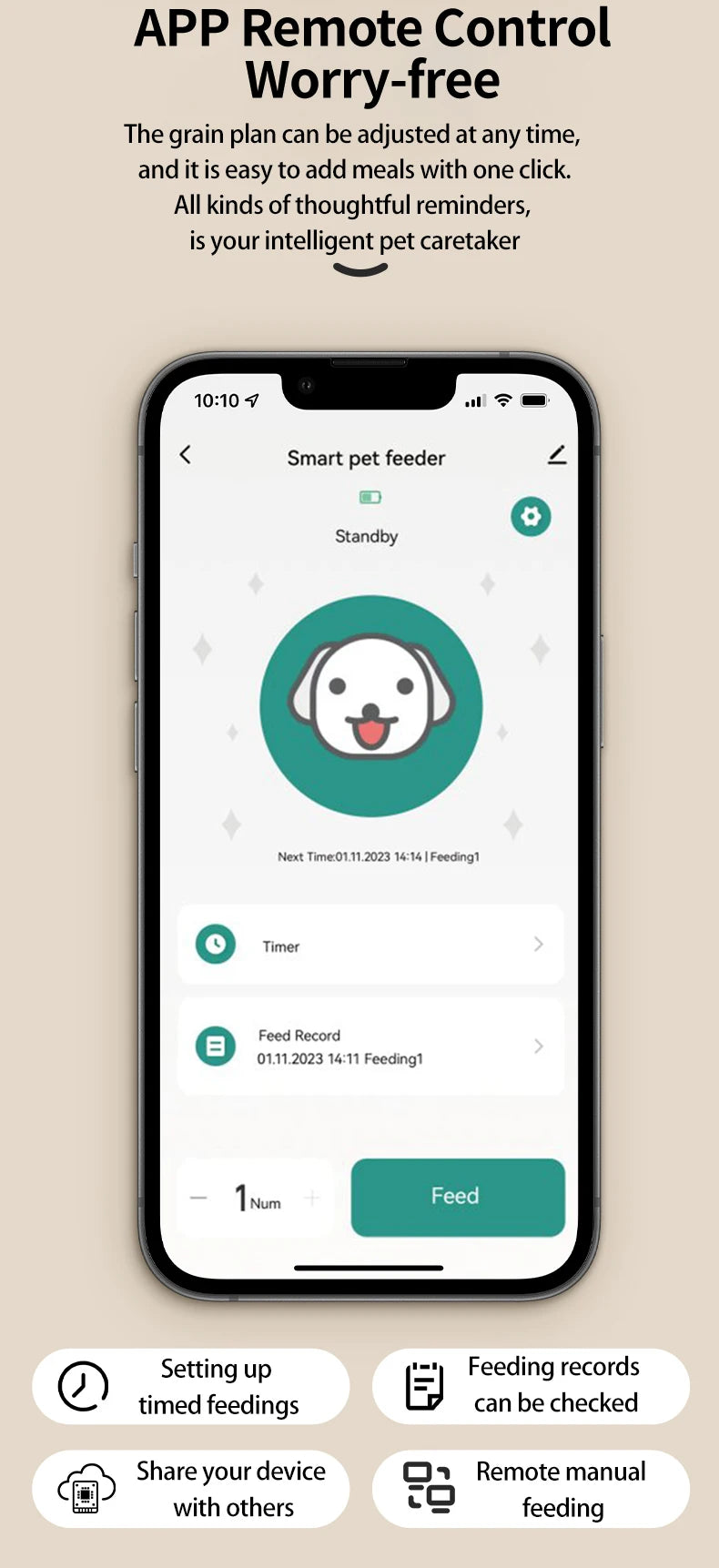 Smart pet feeder app on a smartphone screen with a beige background
