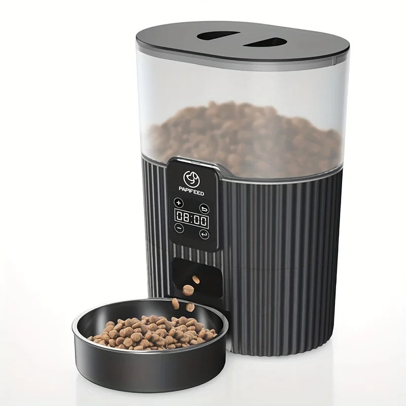 Pet food dispenser with a bowl of pet food on a white background