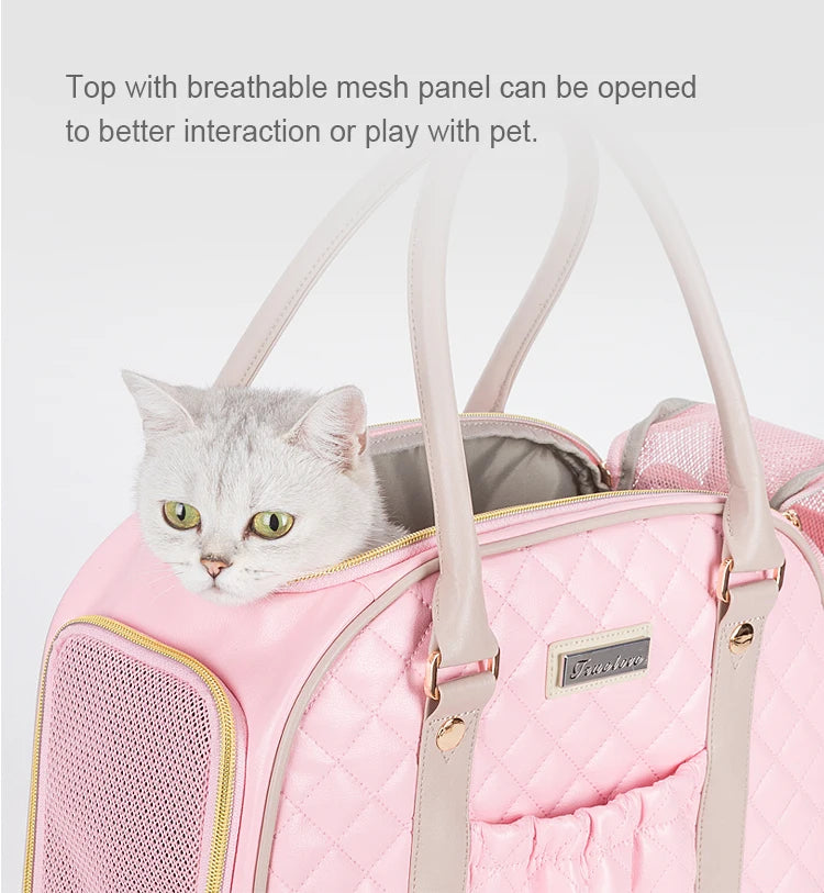 Pink pet carrier with a breathable mesh panel, featuring a cat inside on a light gray background.