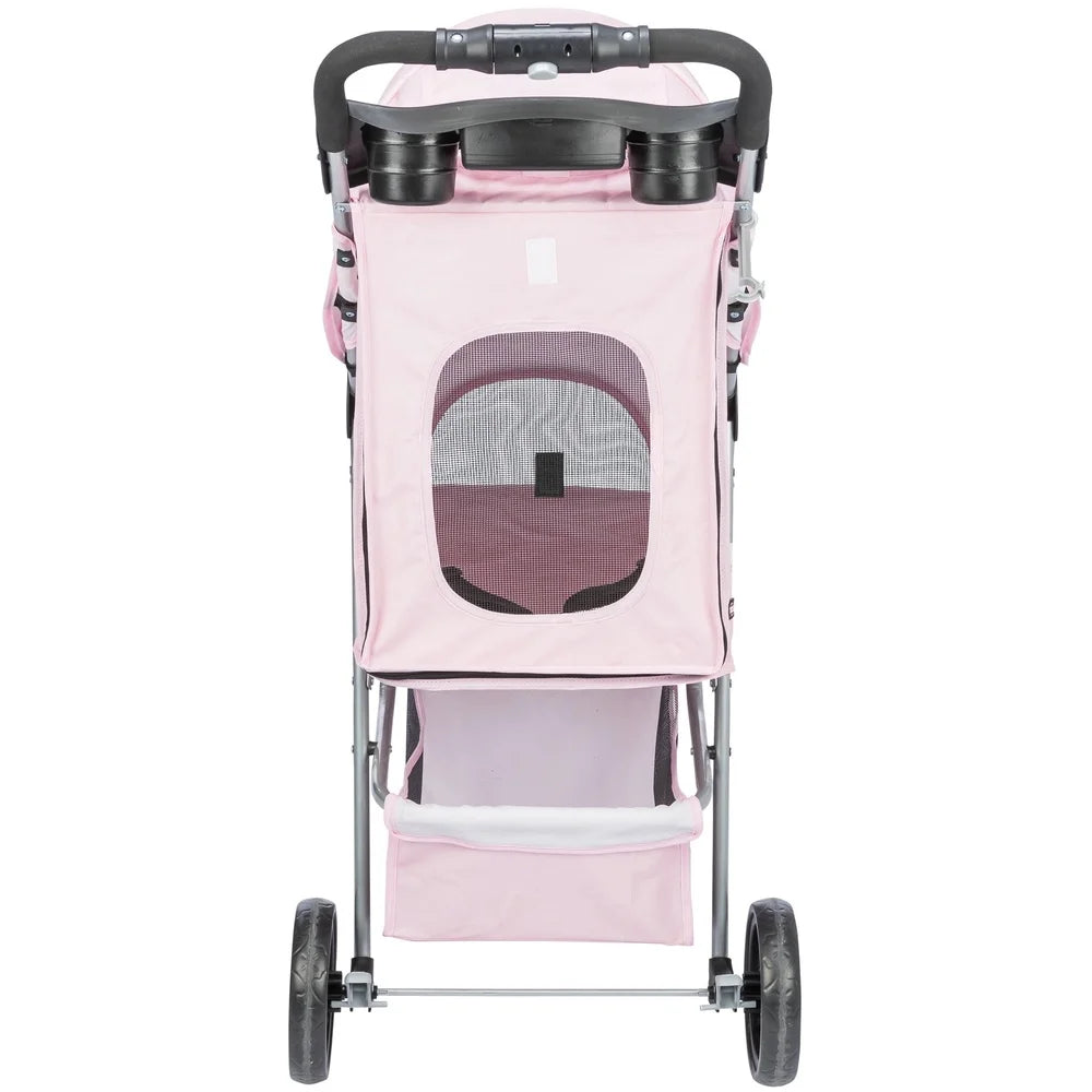 Pink pet stroller with a mesh door on a white background