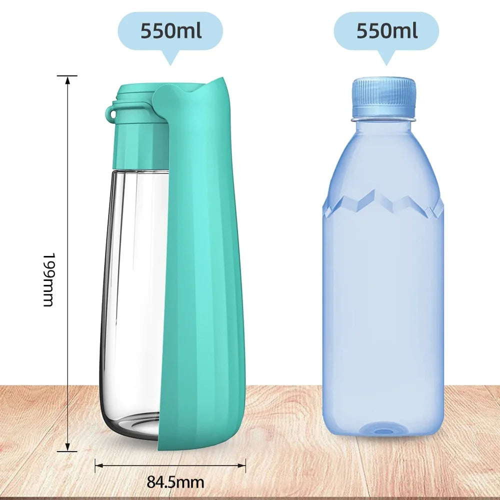 Two water bottles, one green and one blue, with measurements indicated on a wooden surface.