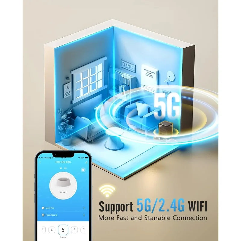 Smart home setup with 5G/2.4G WiFi support, smartphone app displayed.
