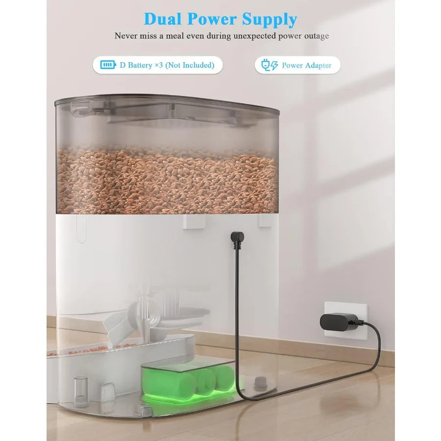 Pet food dispenser with dual power supply system on a light background