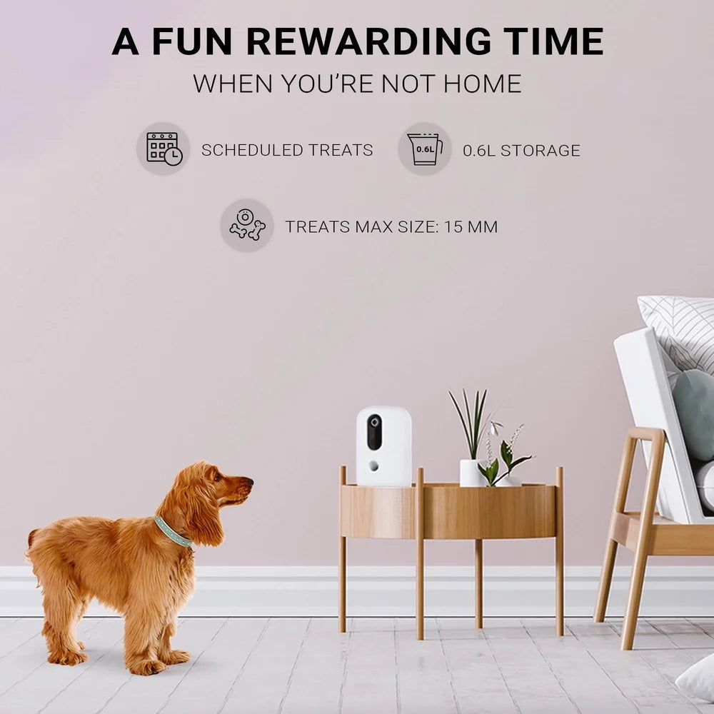Dog standing next to a small table with a pet treat dispenser, with text about scheduled treats and storage capacity.