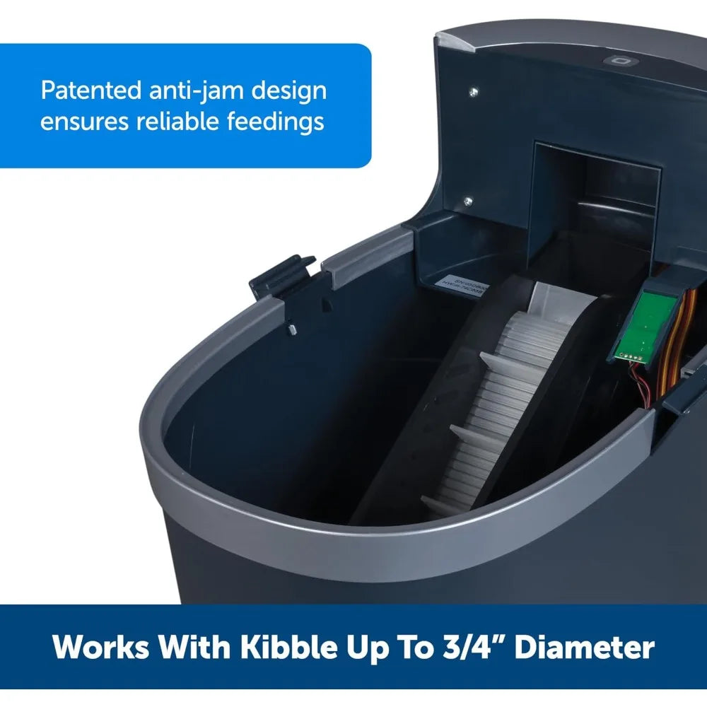 Close-up of a pet food dispenser with text about anti-jam design and kibble size compatibility.