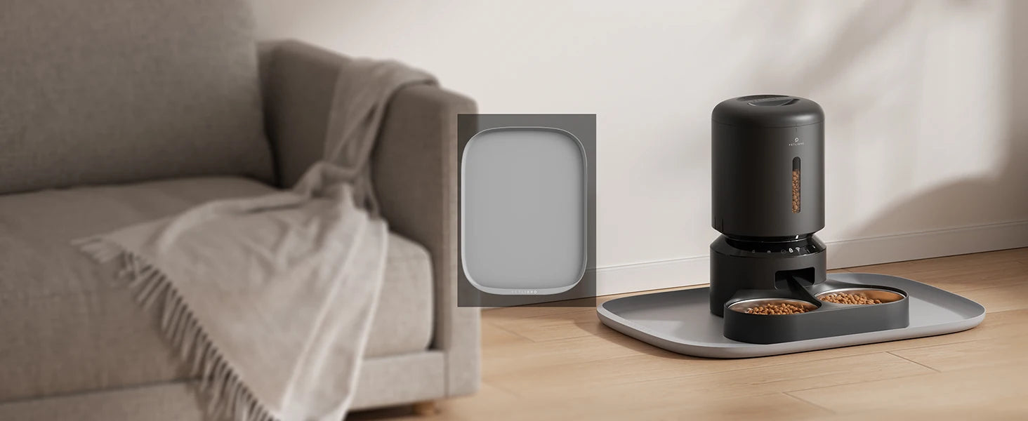 Pet feeder on a wooden floor next to a gray couch with a blanket.
