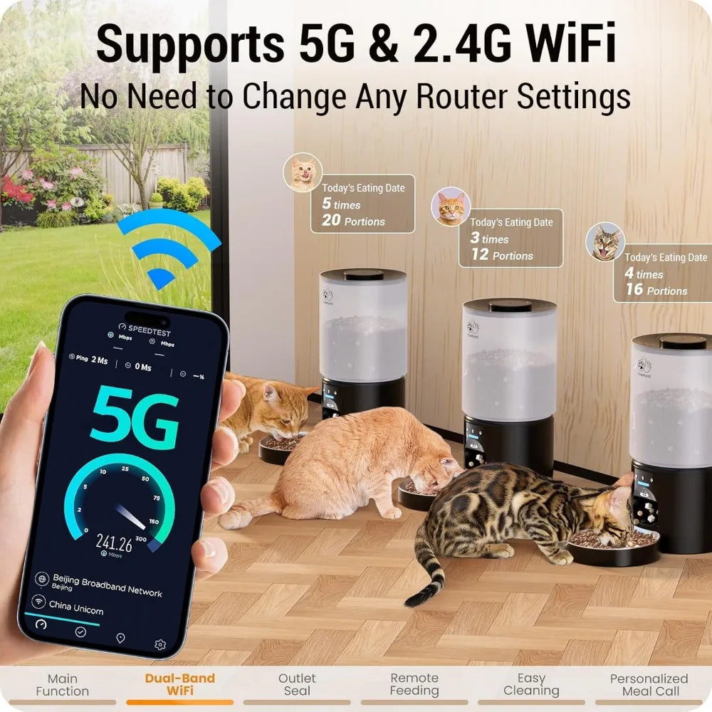 Smart pet feeder system with 5G connectivity, app control, and multiple feeders on a wooden floor.