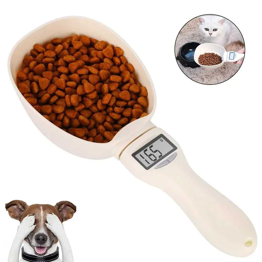 Digital pet food measuring cup with brown kibble and digital display, surrounded by images of a cat and dog.