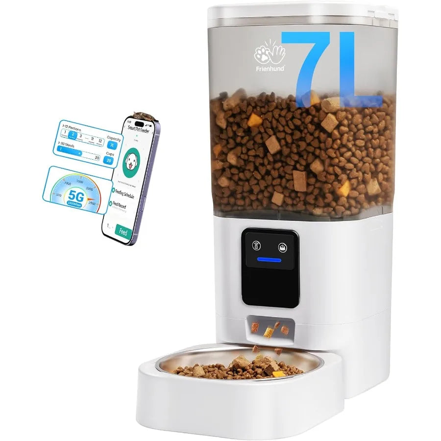 White pet food dispenser with digital display and smartphone app interface on a white background