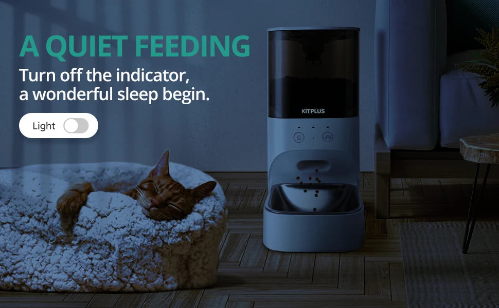 Cat resting on a bed next to a pet feeding station with text about quiet feeding.